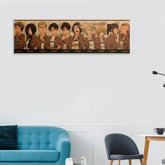 Art Mural Bataillon d'Exploration - Célébrez l'héroïsme des personnages principaux avec cette affiche en papier kraft rétro, mesurant 70x21cm et idéale pour tout fan de l'Attaque des Titans