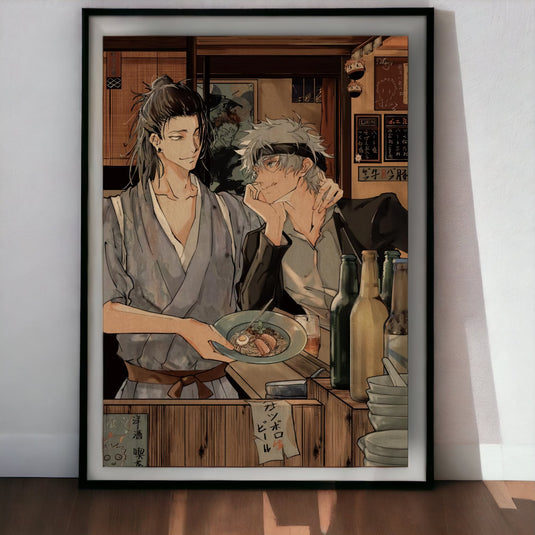 Affiche Rétro Satoru & Suguru - Explorez les intrigues sombres avec cette affiche en papier kraft effet rétro, mettant en scène Satoru Gojo et Suguru Geto