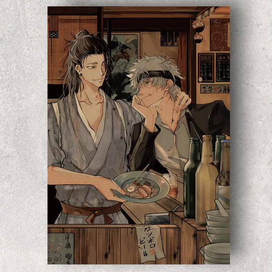 Art Mural Duel Mystérieux - Célébrez l'affrontement complexe avec cette affiche en papier kraft, capturant Satoru Gojo et Suguru Geto dans un style rétro