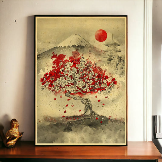 Affiche Sakura et Mont Fuji - Captivez votre espace avec la beauté emblématique du Japon : la délicate floraison des cerisiers et la majesté du mont Fuji.