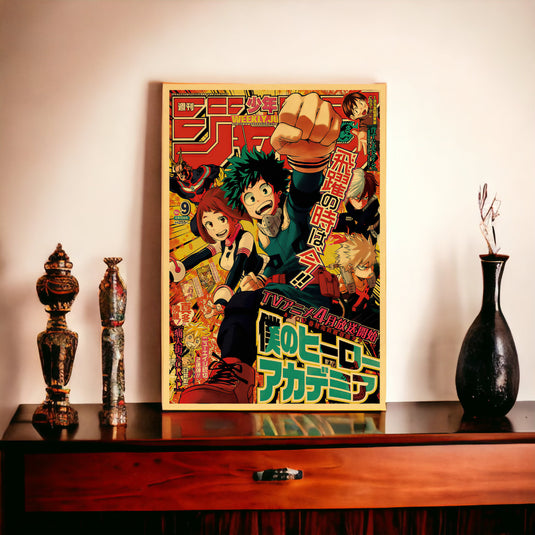 Affiche Rétro Izuku & Ochako - Ajoutez une touche nostalgique à votre collection avec cette affiche My Hero Academia en papier kraft, célébrant l'amitié des héros