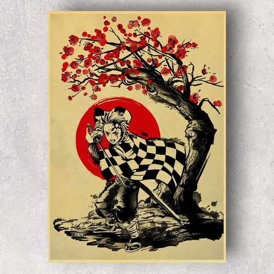 Affiche Tanjirou sous un Cerisier - Plongez dans l'univers de "Demon Slayer" avec cette illustration émouvante de Tanjirou parmi les cerisiers en fleurs
