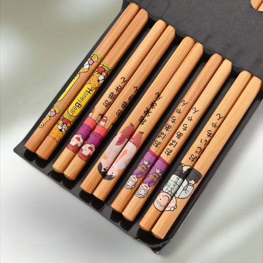 Lot de 5 paires de baguettes japonaises en bambou motif famille