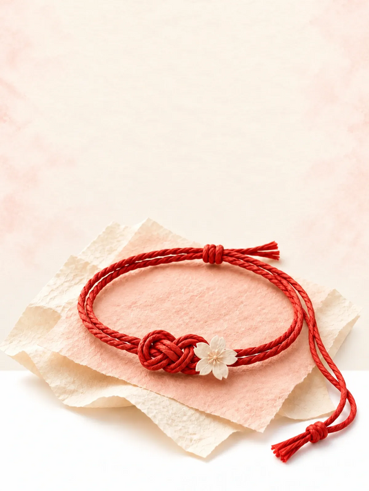 Illustration d’un bracelet rouge noué, posé sur des papiers ivoire et rose poudré, avec un débordement sur le blanc.