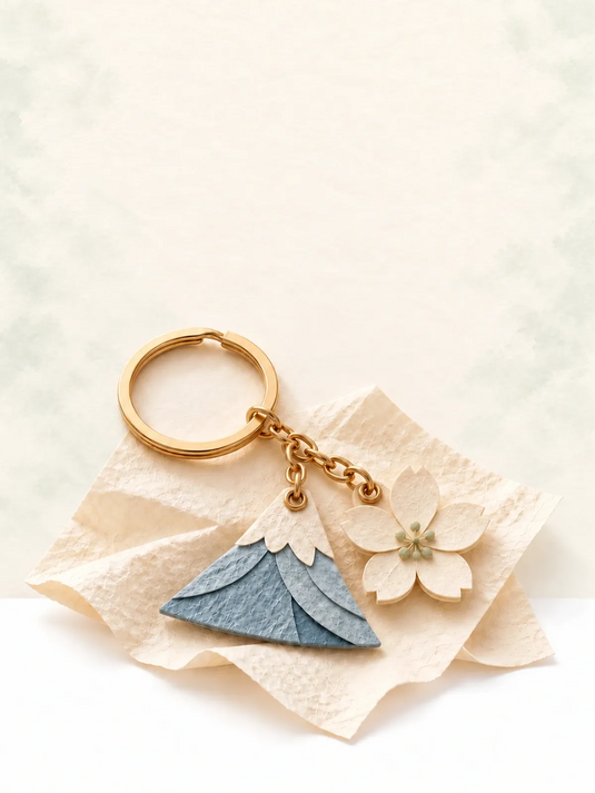 Illustration d’un porte-clés doré avec des breloques Fuji et fleur en papier, sur fond ivoire et vert sauge très pâle.