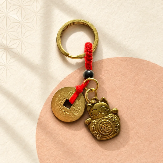 Porte-clés Maneki Neko doré avec cordon rouge et pièce ronde sur fond pêche et ivoire