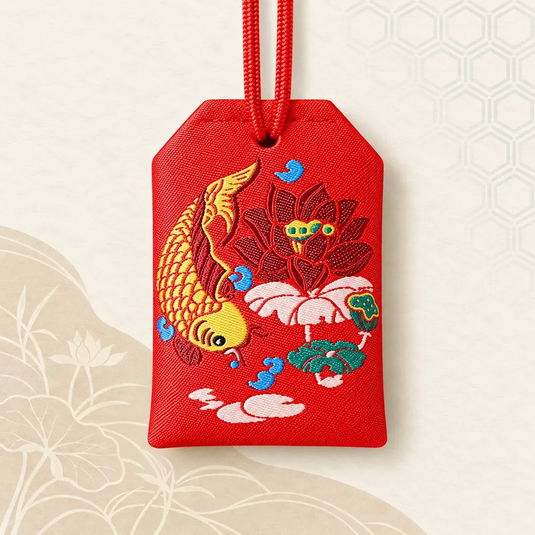 Verso de l’omamori japonais bonne chance rouge, brodé d’une carpe koï dorée et d’un lotus.