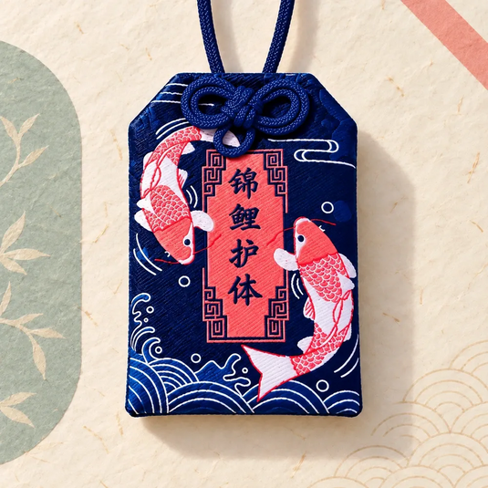 Omamori japonais carpe koï bleu marine avec deux carpes rouges et blanches, vue de face (cordon bleu)