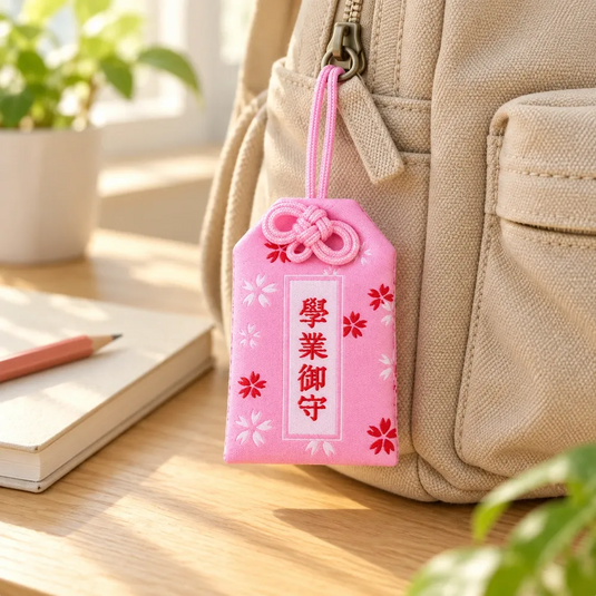 Omamori japonais Gakugyō rose pour la réussite scolaire accroché à un sac à dos près d’un carnet