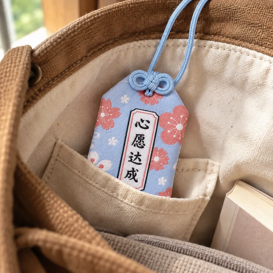 Omamori japonais Sakura bleu clair à fleurs roses, glissé dans la poche intérieure d’un sac en toile.