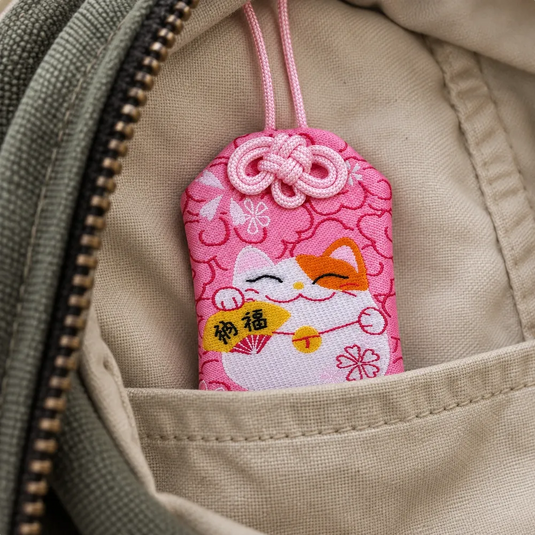 Omamori japonais rose Maneki-neko glissé dans la poche intérieure d’un sac à dos.