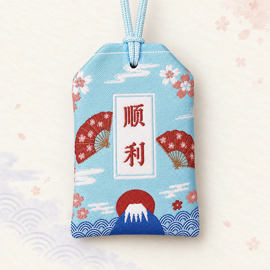Verso de l’omamori japonais bleu aqua pâle, avec inscription rouge, éventails et mont Fuji.