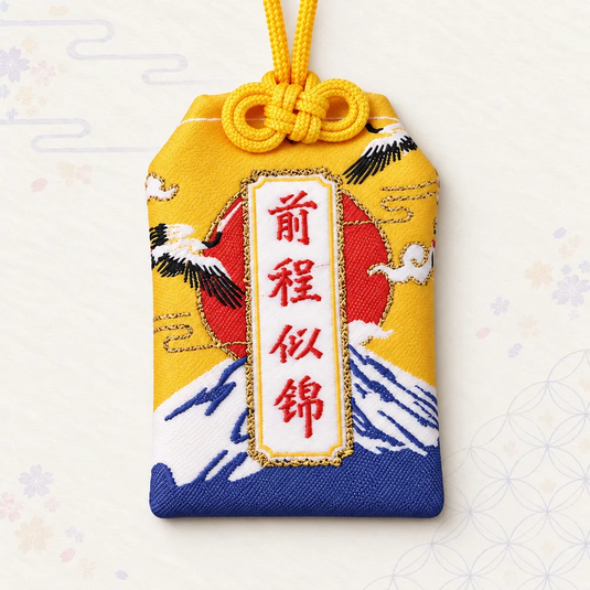 Omamori japonais Mont Fuji jaune, brodé de grues et d’une inscription rouge, vue de face.