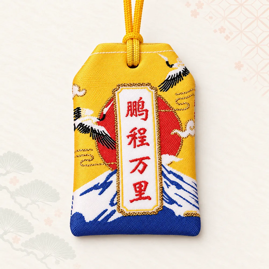 Verso de l’omamori japonais Mont Fuji jaune, avec soleil rouge et inscription brodée.