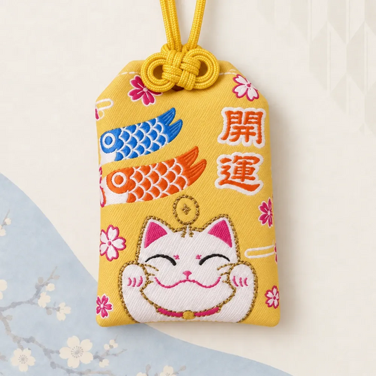Omamori japonais jaune avec un maneki-neko blanc et deux carpes koï brodées, vue de face.