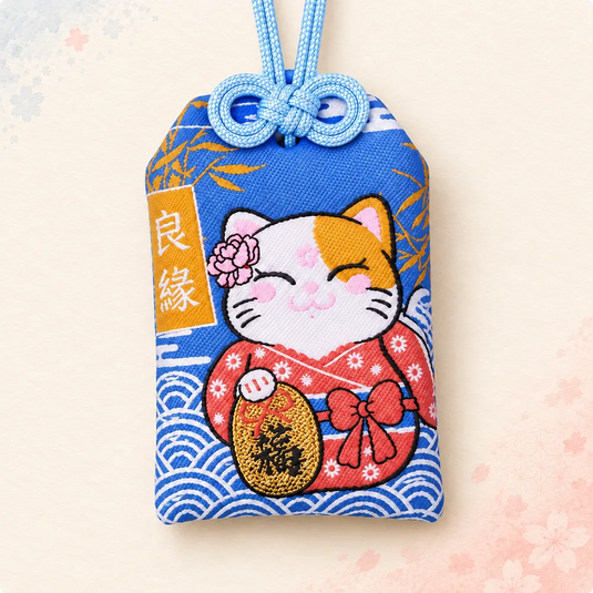 Omamori japonais bleu avec un chat neko en kimono corail, une pièce dorée et des motifs de vagues.