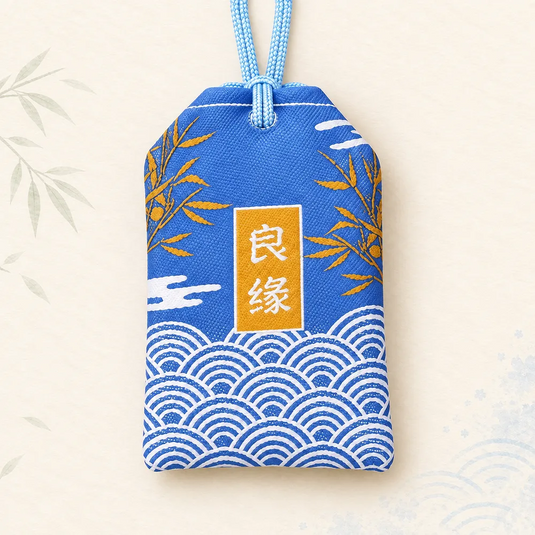 Verso de l’omamori japonais bleu, avec inscription blanche sur fond doré, bambous et vagues.