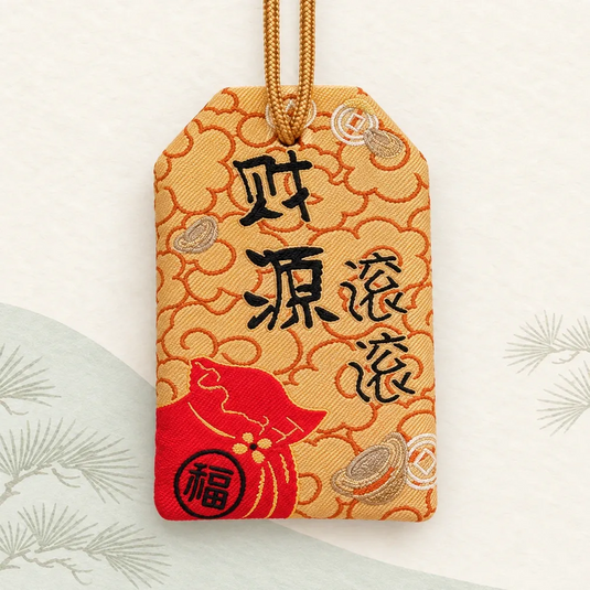 Verso de l’omamori japonais doré orangé, avec calligraphie noire, bourse rouge et motifs de pièces.