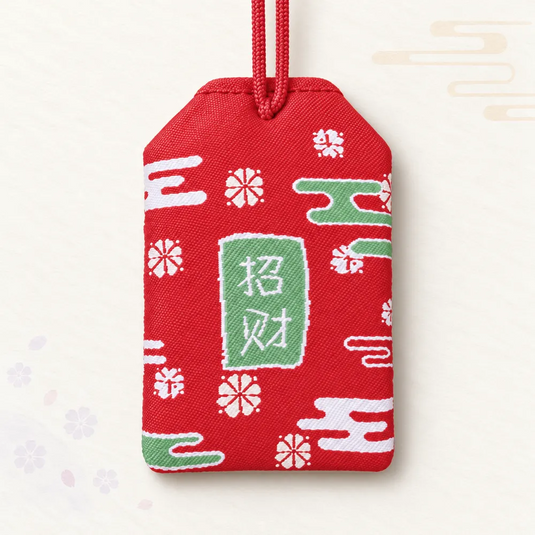 Verso de l’omamori japonais rouge, avec cartouche vert, inscription blanche et motifs de fleurs et de nuages.