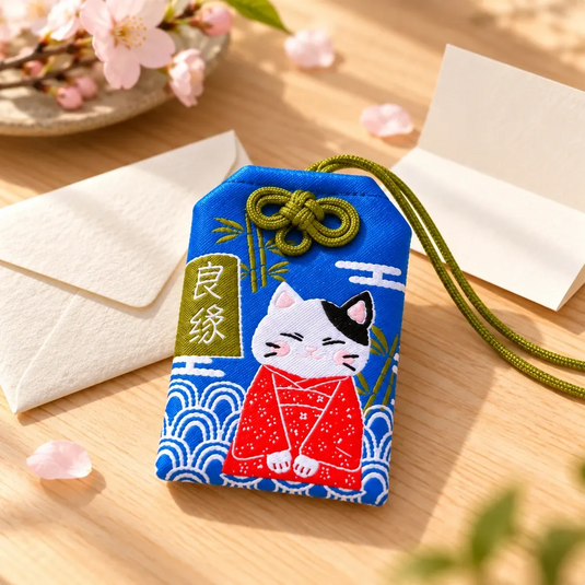 Omamori japonais bleu pour les belles rencontres posé près d’une enveloppe et de fleurs de cerisier