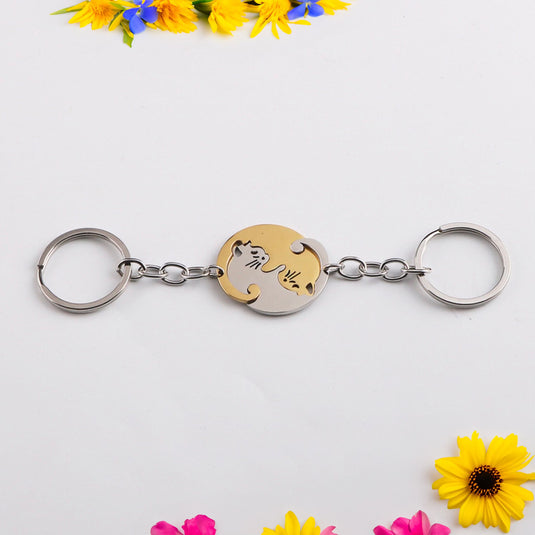 Porte-clés duo couple Yin Yang en forme de chats emboîtables argent et or