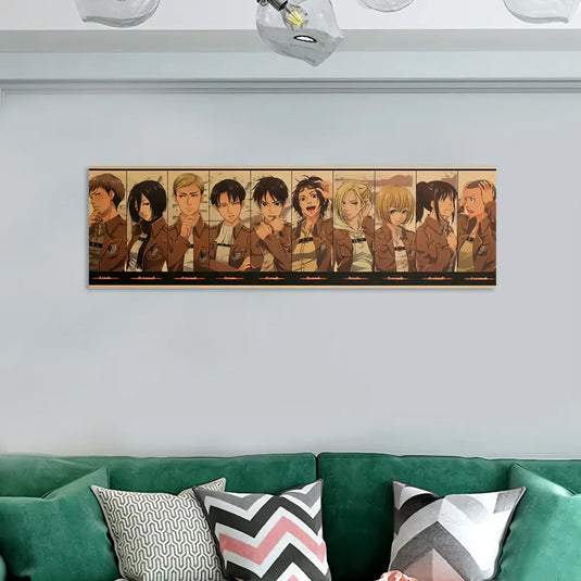 Affiche Attaque des Titans - Plongez dans l'univers de l'anime avec cette affiche en papier kraft effet rétro, mettant en scène Eren, Jean, Livai et d'autres membres du Bataillon d'exploration