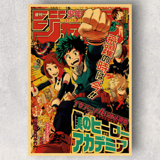 Affiche My Hero Academia Rétro - Plongez dans l'univers héroïque avec cette affiche en papier kraft à l'effet rétro, mettant en scène Izuku Midoriya et Ochako Uraraka