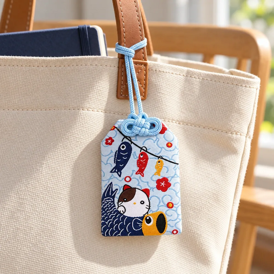 Amulette porte-bonheur chat et carpes koï nouée à l’anse d’un sac cabas en toile.