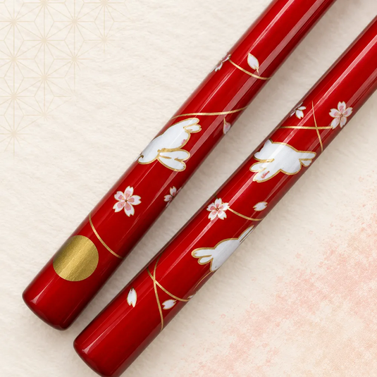 Très gros plan des lapins blancs, fleurs délicates et lune dorée imprimés sur les baguettes japonaises Usagi rouges.
