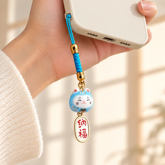 Bijou Maneki Neko Aoi bleu clair suspendu par son cordon turquoise à une coque de smartphone.