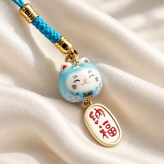Vue rapprochée du chat en céramique bleu clair et du pendentif ivoire à inscriptions rouges du bijou Maneki Neko Aoi.