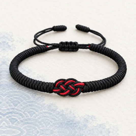 Bracelet bouddhiste noir tressé, avec nœud bicolore noir et rouge et fermeture réglable.