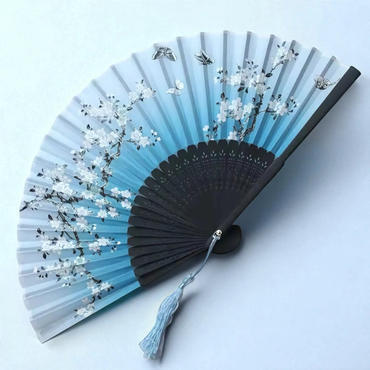 Éventail japonais bleu fleurs ume – Cadeaux Japonais et idée cadeau japonais pour femme