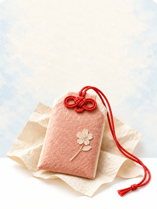 Illustration d’un omamori rose en papier, avec une fleur ivoire et un cordon rouge, sur fond bleu brume et blanc.
