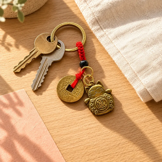 Porte-clés Maneki Neko Kin doré avec pièce et cordon rouge, accompagné de deux clés sur une table en bois clair