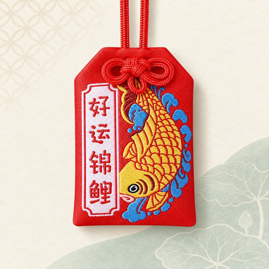 Omamori japonais bonne chance rouge avec une carpe koï dorée et une inscription brodée, vue de face.