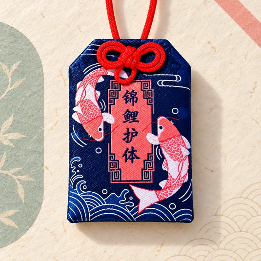Omamori japonais carpe koï bleu marine avec deux carpes rouges et blanches, vue de face