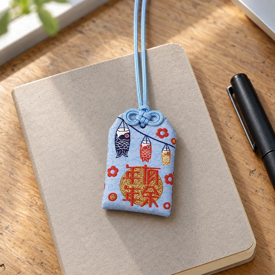 Omamori japonais bleu clair à carpes koï posé sur un carnet fermé, sur un bureau.