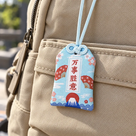 Omamori japonais bleu aqua pâle à motifs du mont Fuji, posé sur la poche d’un sac de voyage en toile.