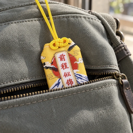 Omamori japonais Mont Fuji jaune glissé dans la poche d’un sac de voyage.