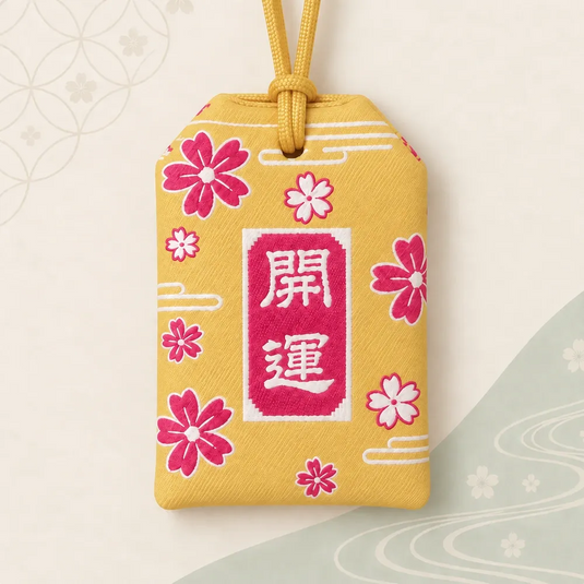 Verso de l’omamori japonais jaune, avec fleurs roses et inscription blanche brodée sur un panneau rose.