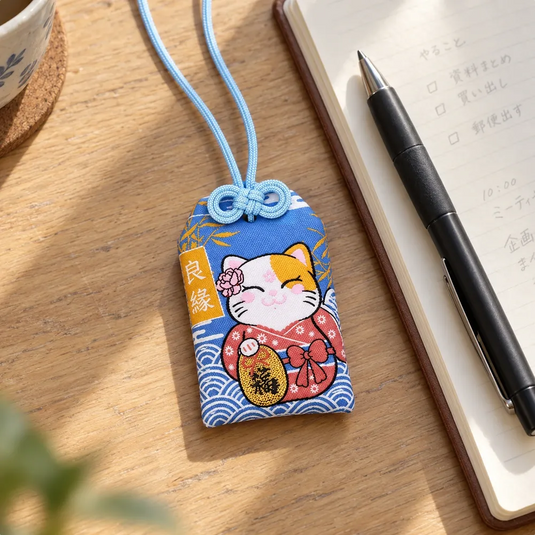 Omamori japonais bleu à motif de chat neko posé sur un bureau, près d’un carnet ouvert et d’un stylo.