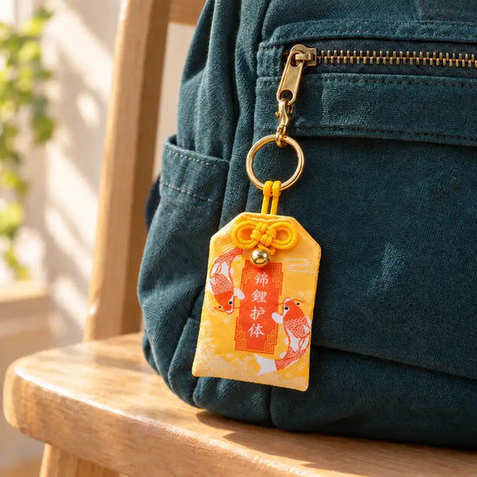 Omamori japonais jaune à carpes koï accroché à un sac à dos par son cordon noué à un anneau doré.