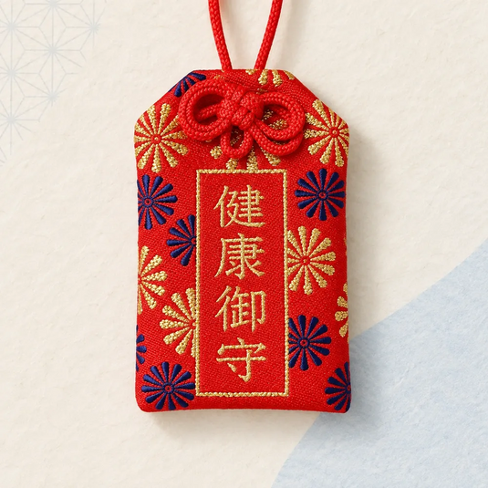 Omamori japonais rouge pour la santé, brodé de fleurs dorées et bleues, vu de face