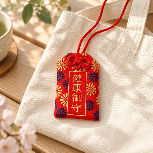 Omamori japonais rouge pour la santé posé sur un sac en toile écrue