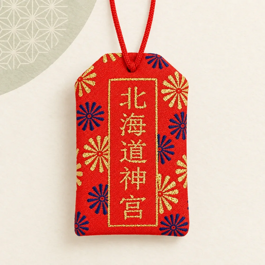 Verso d’un omamori japonais rouge avec l’inscription Hokkaidō Jingū brodée en or