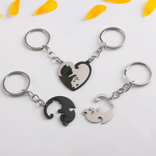 Cadeau romantique à partager : porte-clés chat de l'amour en deux parties